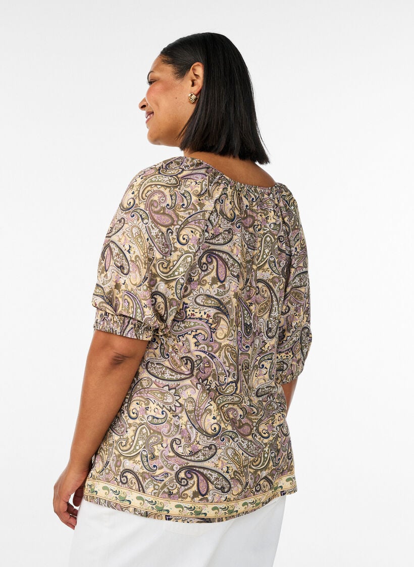 Viscose blouse met paisleyprint en strikkoord, Geel, Model image number 2