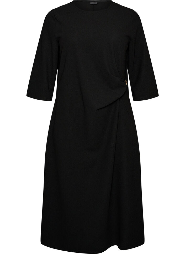 Jersey jurk met drapering en decoratieve gesp, Zwart, Packshot image number 0