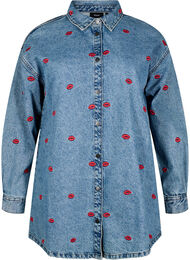 Losse denim shirt met geborduurde lippen, Light Blue Kiss