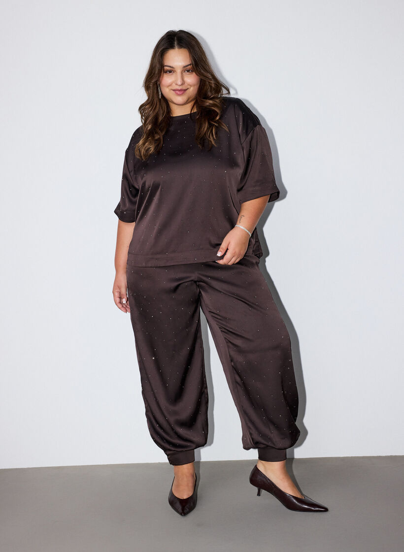 Satijnen ballonbroek met strassteentjes, Bruin, Model image number 0