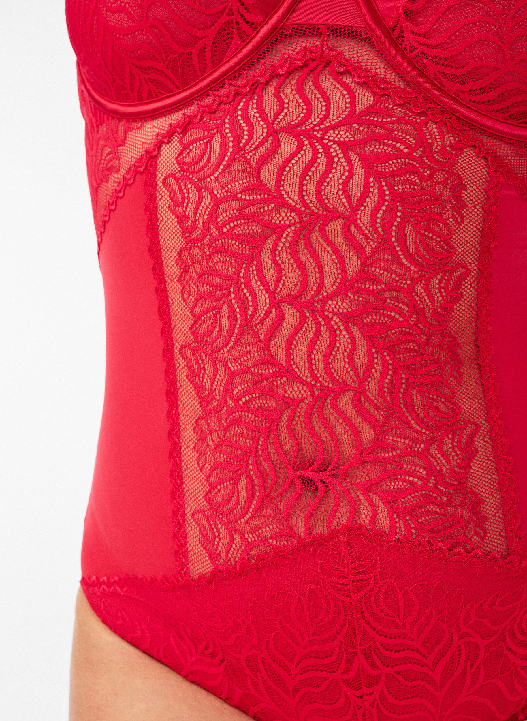 Zizzi Bodystocking met kant- en satijndetail, Rood, Model image number 2