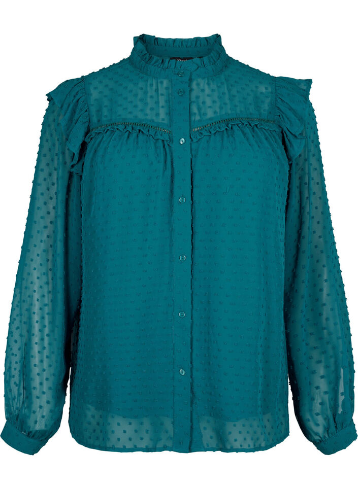 T-shirtblouse met ruches en een gestippelde textuur, Shaded Spruce, Packshot image number 0