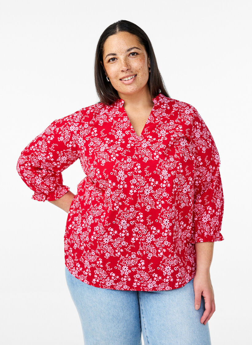 Katoenen blouse met bloemenprint, Rood, Model image number 0