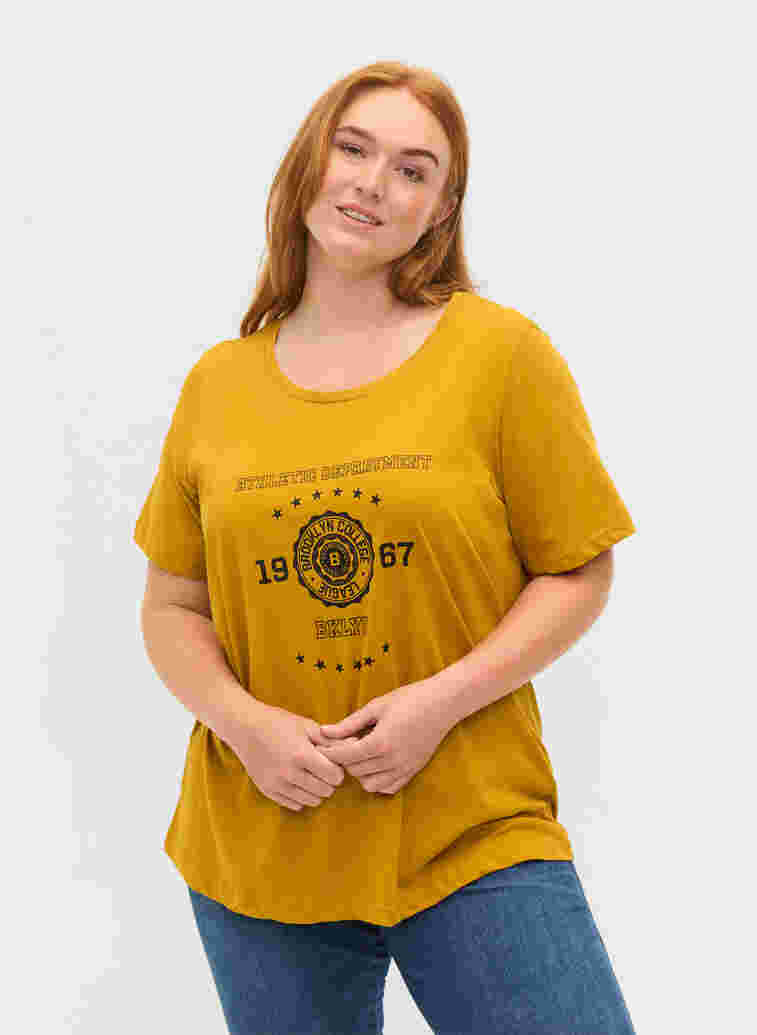 Katoenen t-shirt met korte mouwen en print, Harvest Gold, Model image number 0