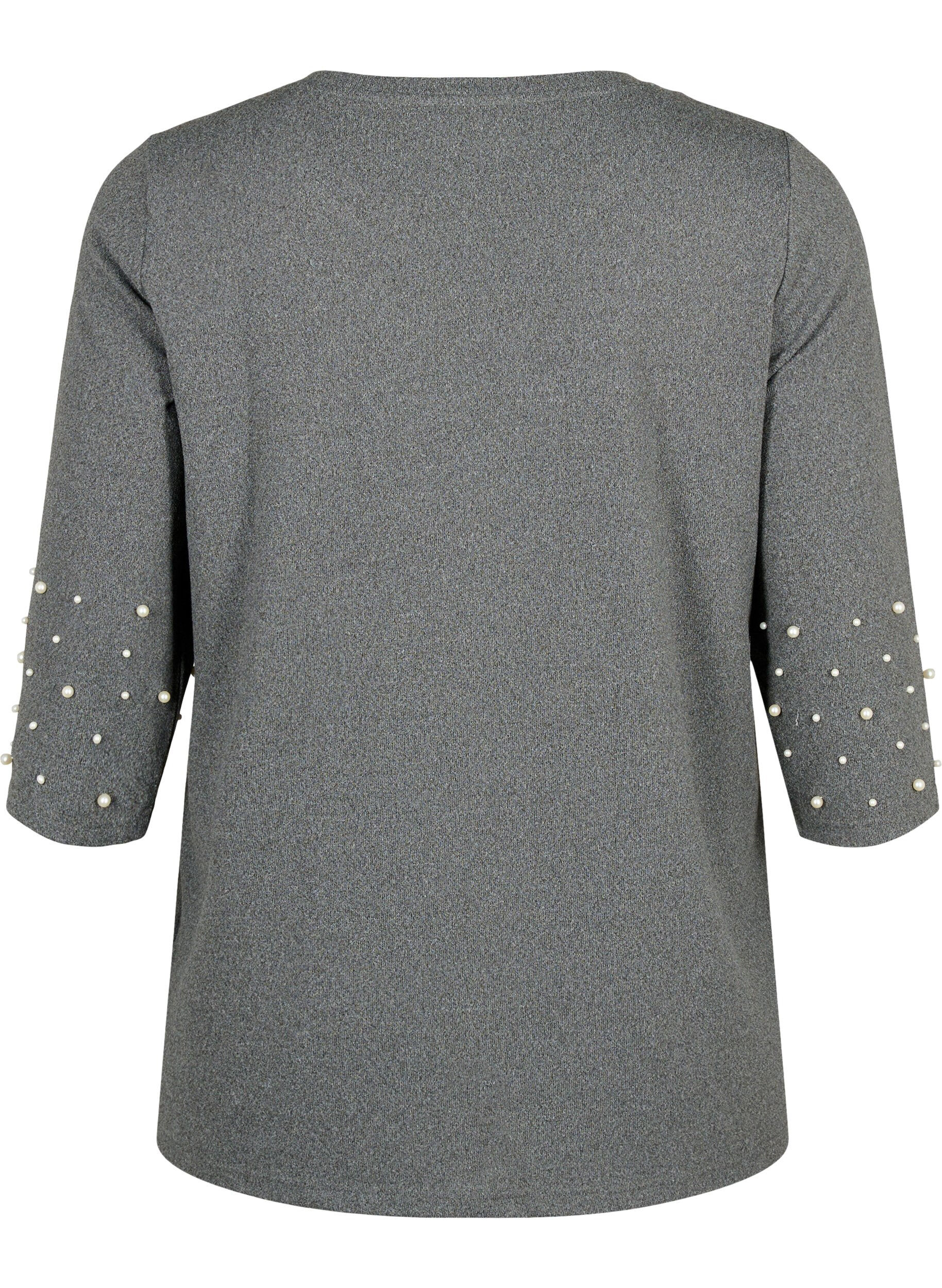 Zizzi Blouse met parels en 3/4 mouwen, Dark Grey Melange, Packshot image number 1