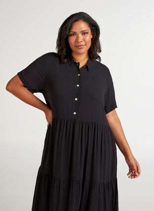 Viscose midi-jurk met korte mouwen, Black solid , Model image number 2