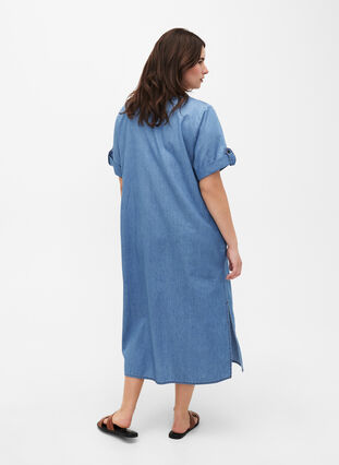 Denim jurk met split en korte mouwen, Blue denim, Model image number 1