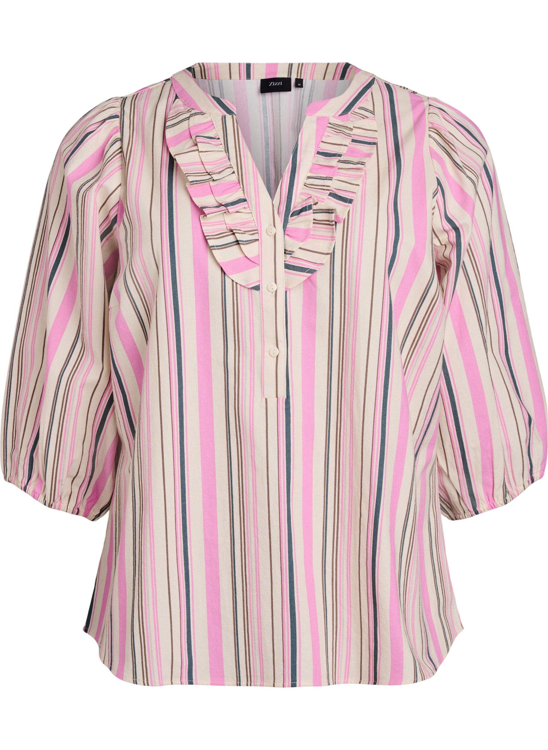 Zizzi 3/4 mouw blouse in katoen met strepen, Vanille, Packshot image number 0