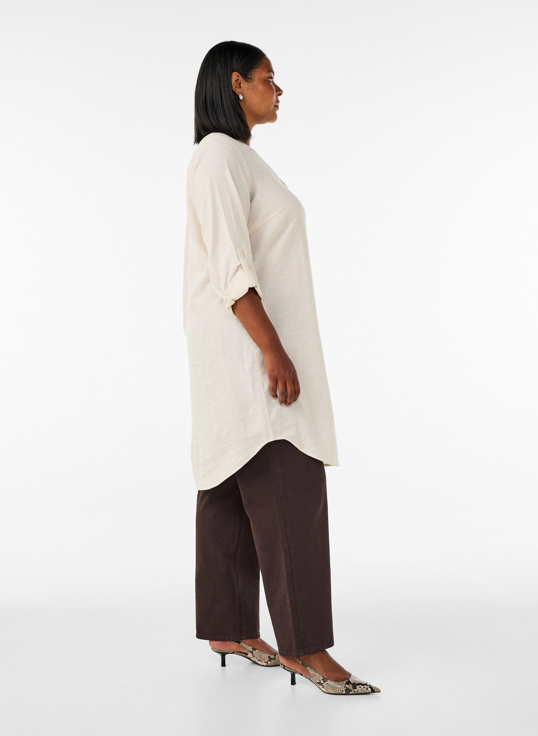 ZizziLang shirt in linnen en viscose, Beige, Model image number 3