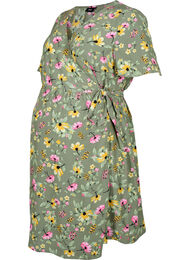 Zwangerschapsjurk in viscose met wikkel, Green Flower Print