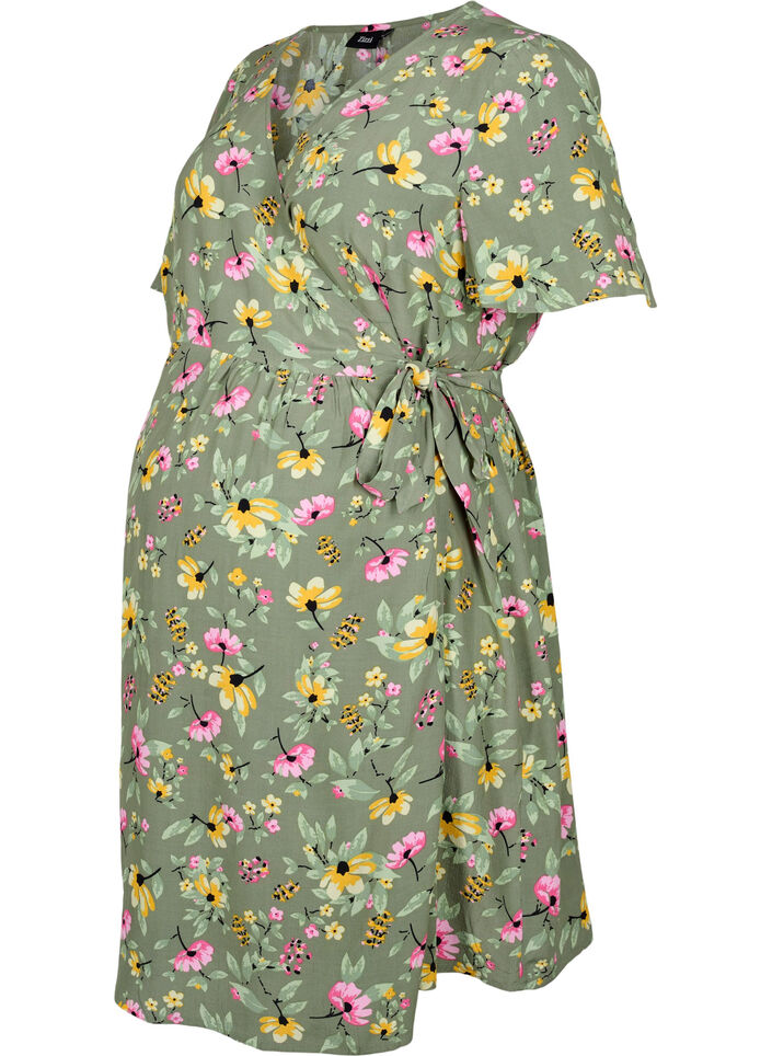 Zwangerschapsjurk in viscose met wikkel, Green Flower Print, Packshot image number 0