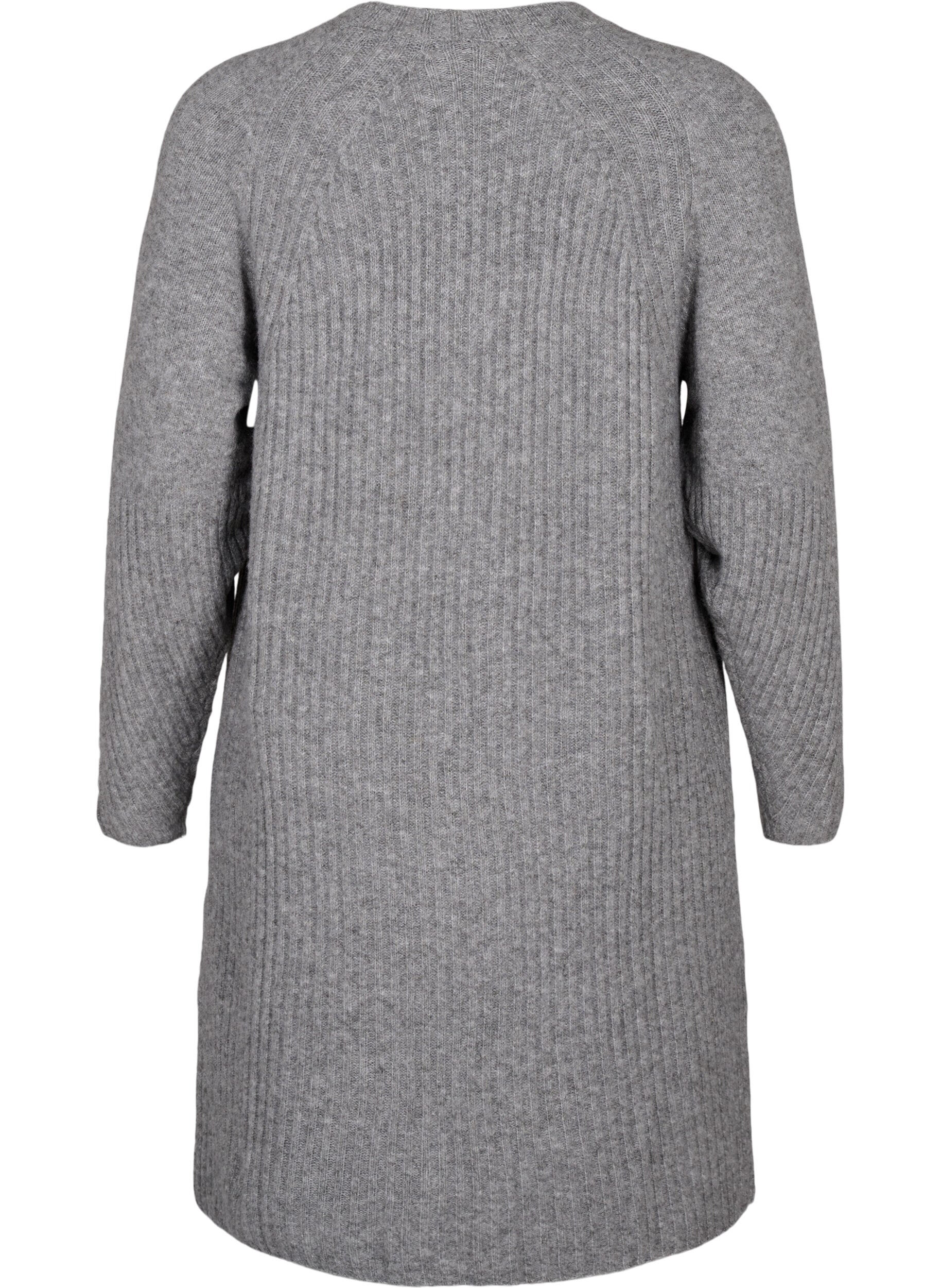 Zizzi Ribgebreide jurk met split, Light Grey Melange, Packshot image number 1