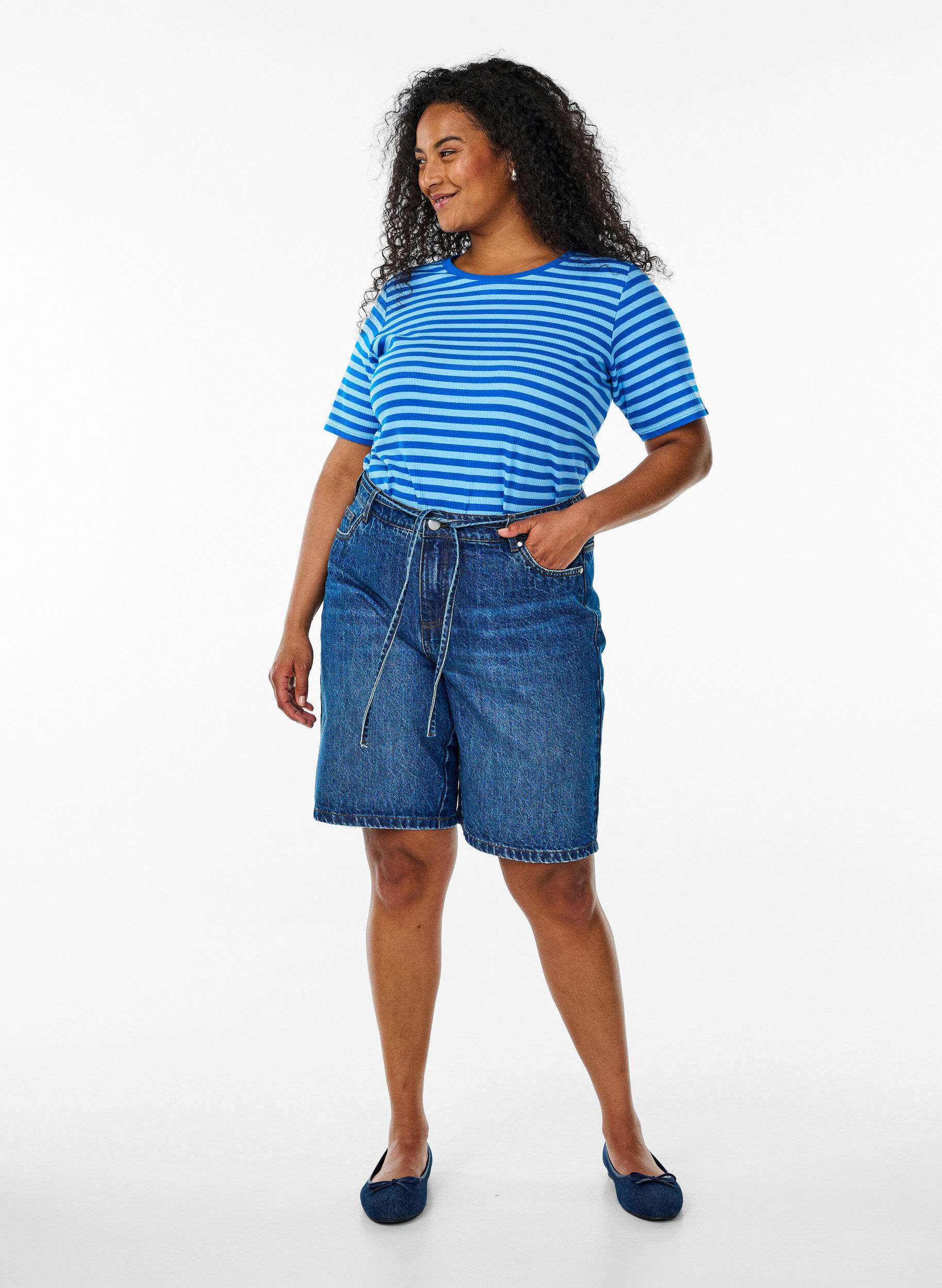 ZizziGestreept T-shirt met geribbelde textuur, Blauw, Model image number 1