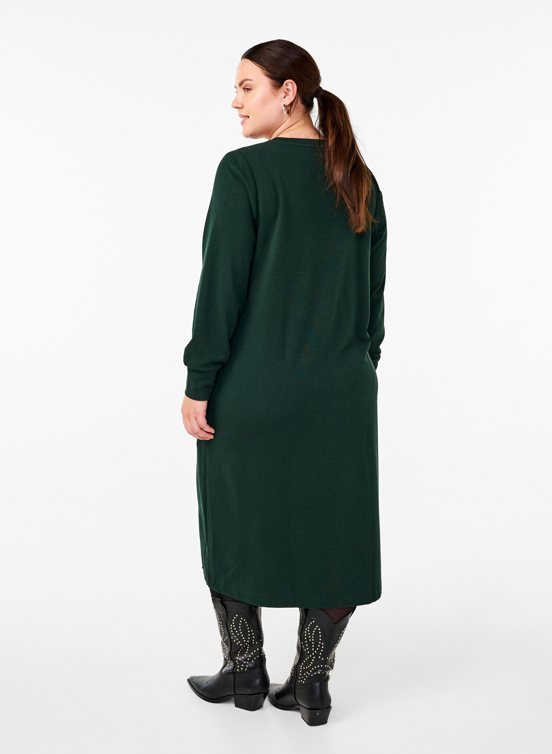 Zizzi Katoenen sweatjurk met zakken, Groen, Model image number 1