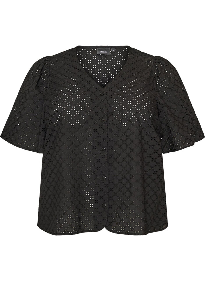 Blouse in broderie anglaise met knoopsluiting, Zwart, Packshot image number 0