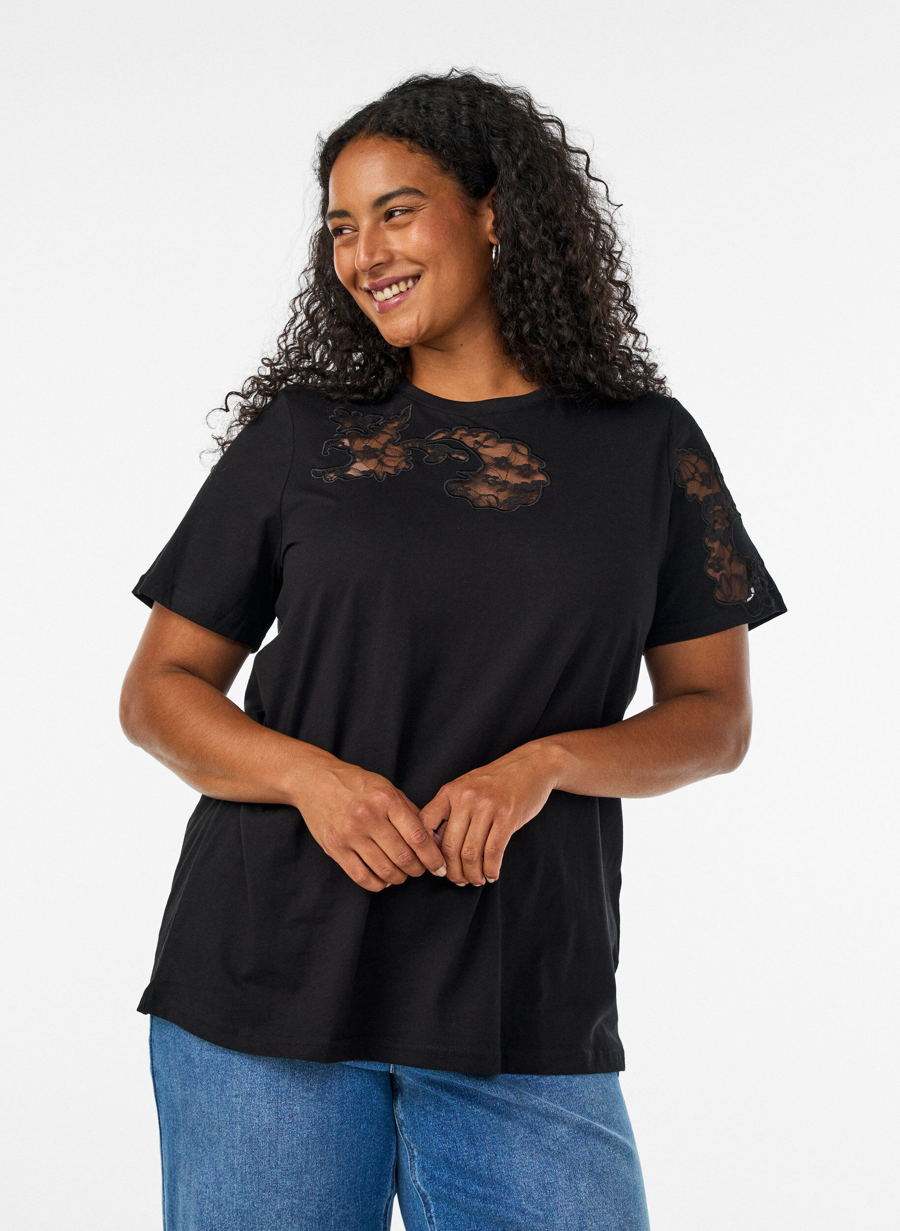 ZizziKatoenen T-shirt met kanten applicaties, Zwart, Model image number 0