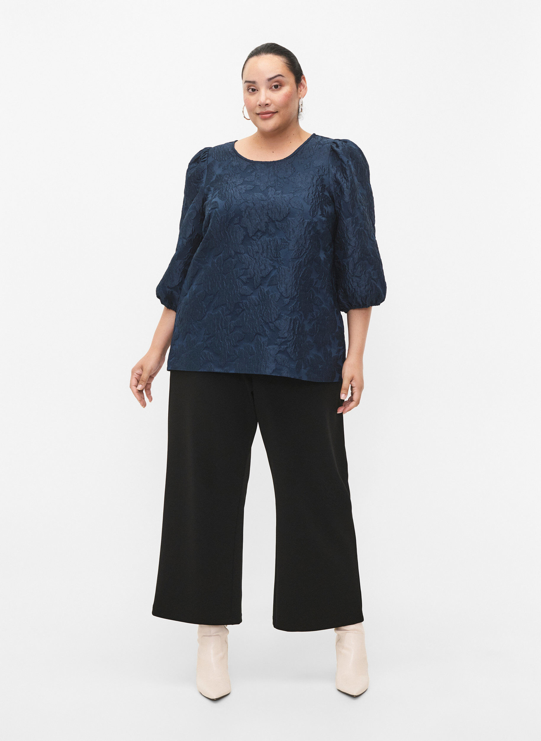 Zizzi Jacquard blouse met 3/4 mouwen, Titan, Model image number 2