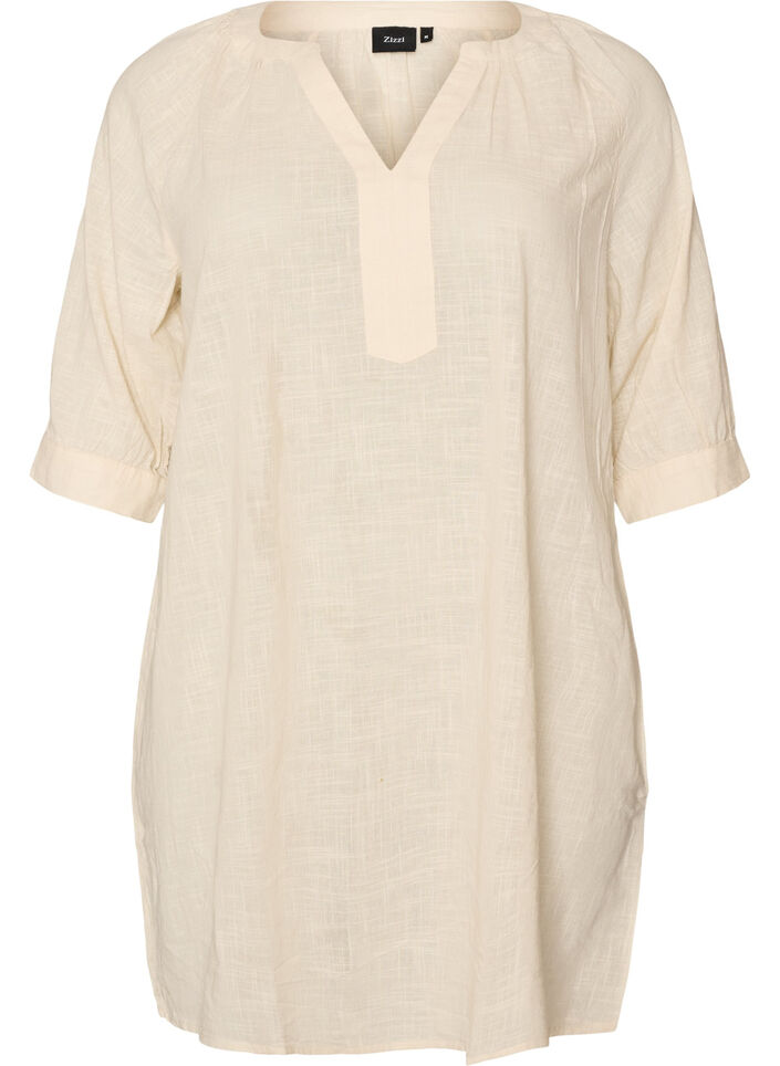 Katoenen tuniek met V-hals, Vanille, Packshot image number 0