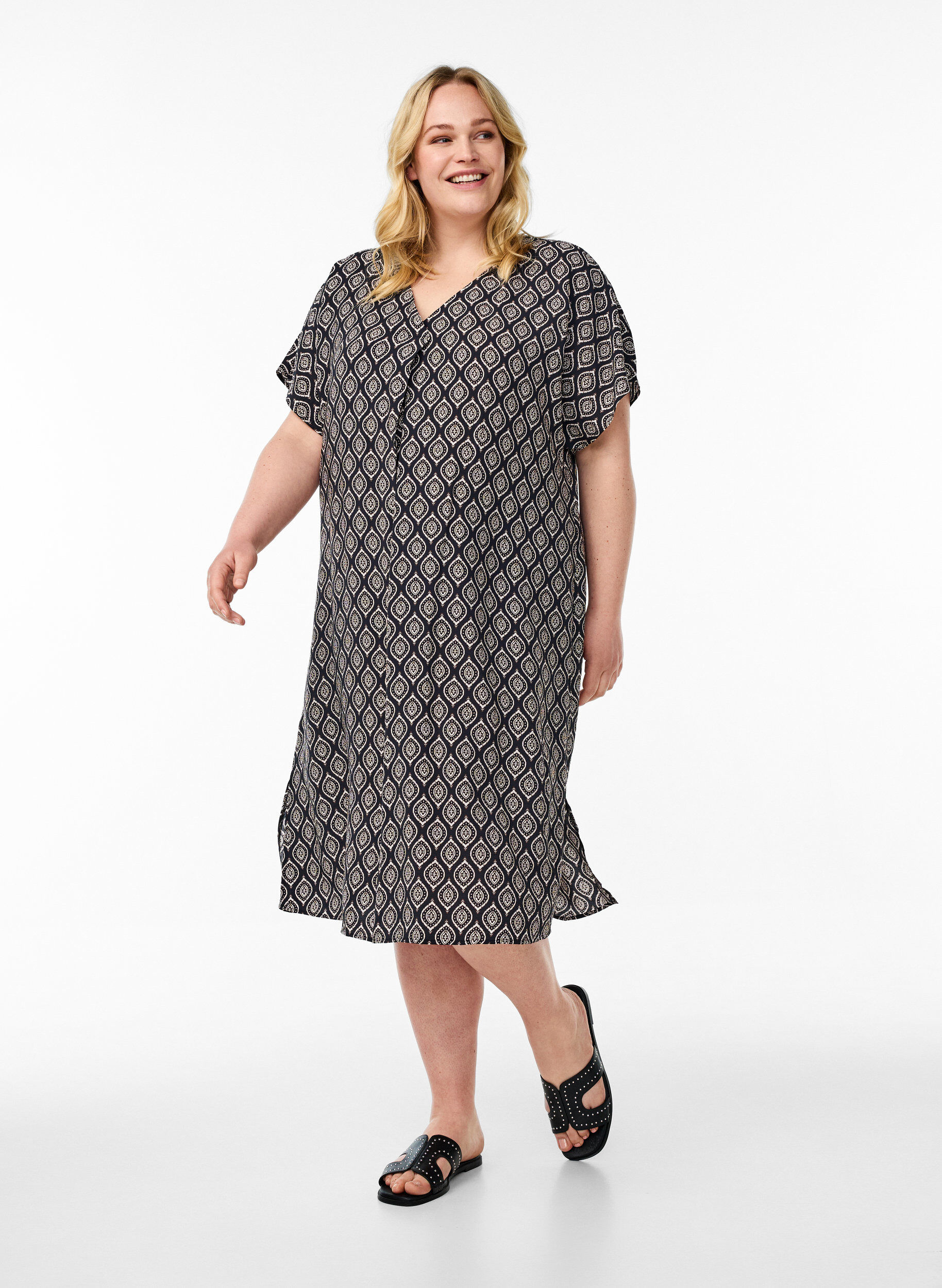 Zizzi Jurk met V-hals van viscose, Blauw, Model image number 1