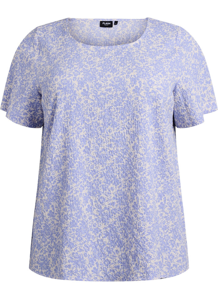 Blouse met korte mouwen en textuur, Blauw, Packshot image number 0