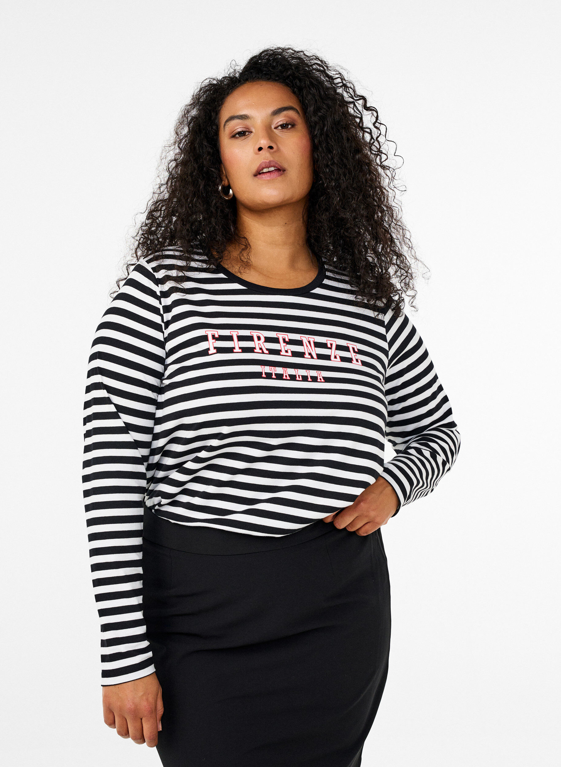 Zizzi Gestreepte blouse met motief, White w.Black Stripe, Model image number 0