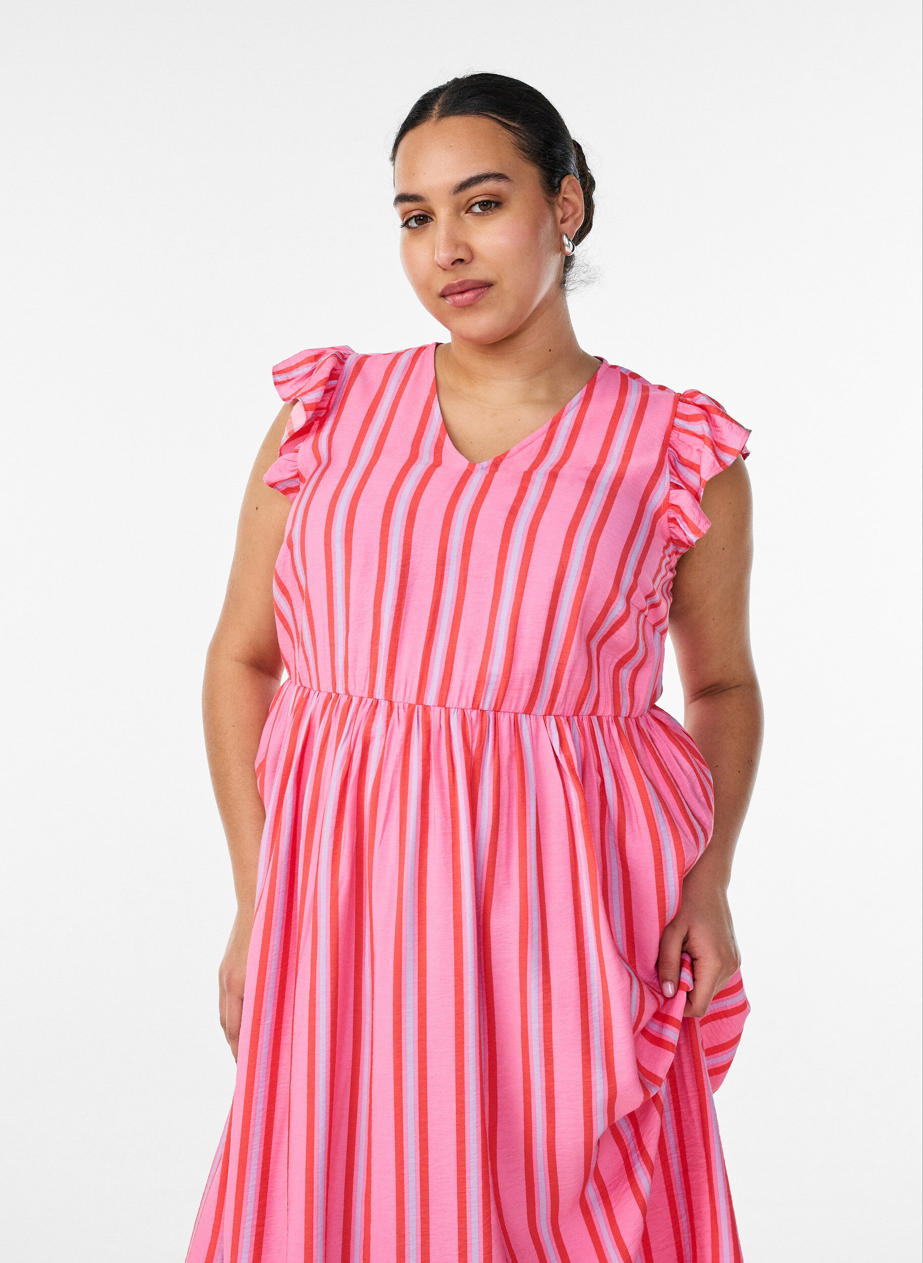 ZizziGestreepte midijurk met empirelijn en ruches, Roze, Model image number 2