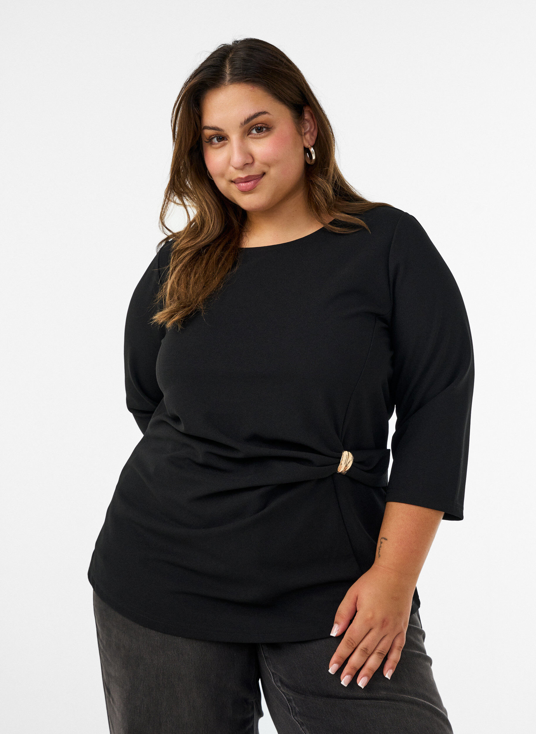 ZizziBlouse met asymmetrische drapering en 3/4-mouwen, Zwart, Model image number 0