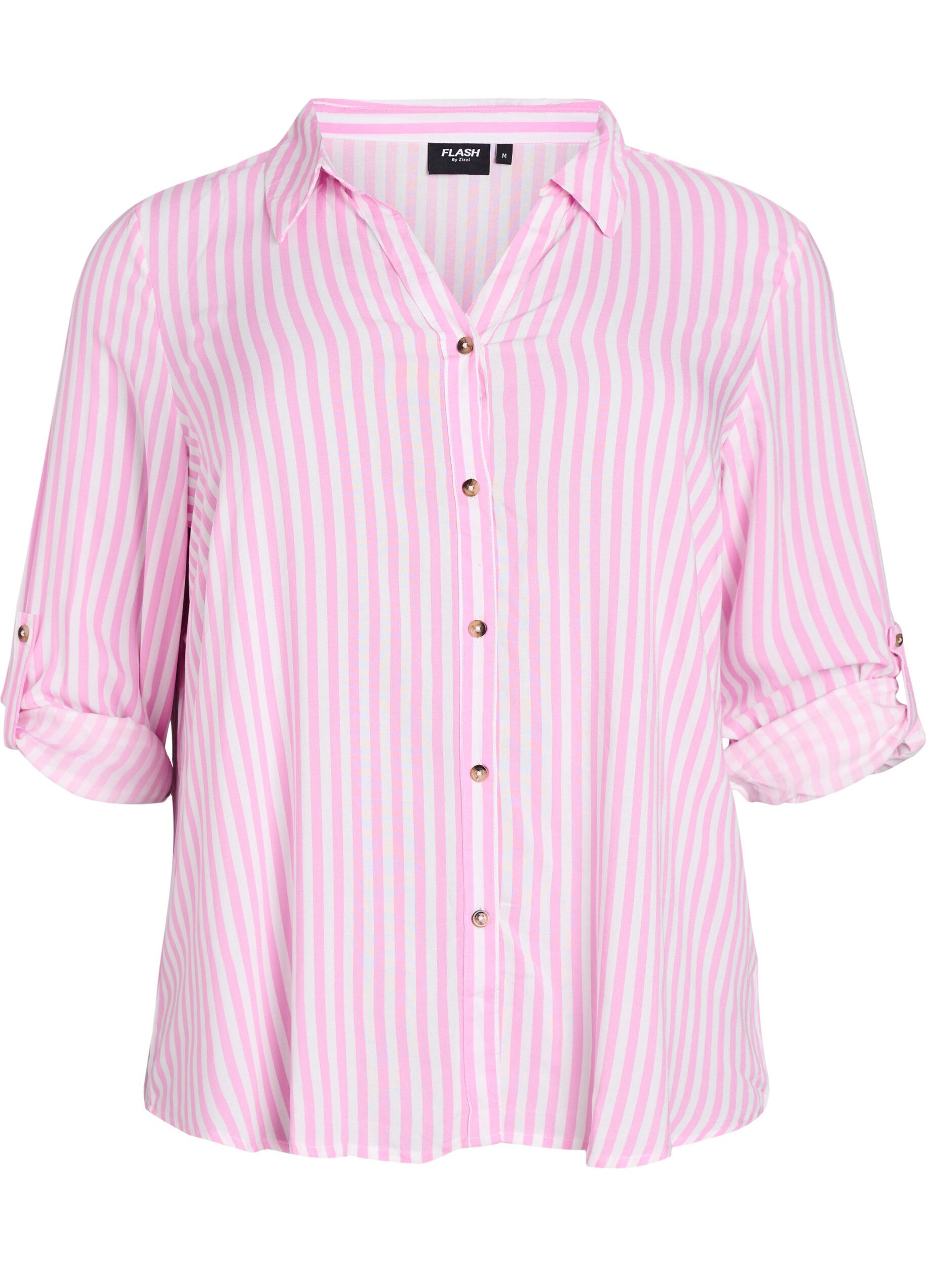 Zizzi FLASH - Gestreept shirt met opgerolde mouwen, Roze, Packshot image number 0