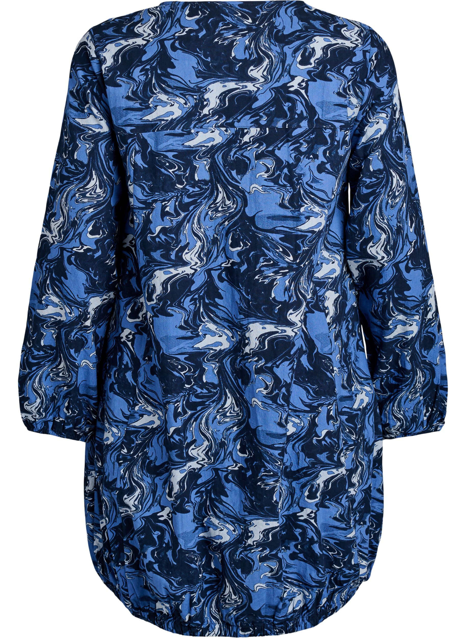 ZizziKorte katoenen jurk met een elastische zoom en lange mouwen, Blauw, Packshot image number 1