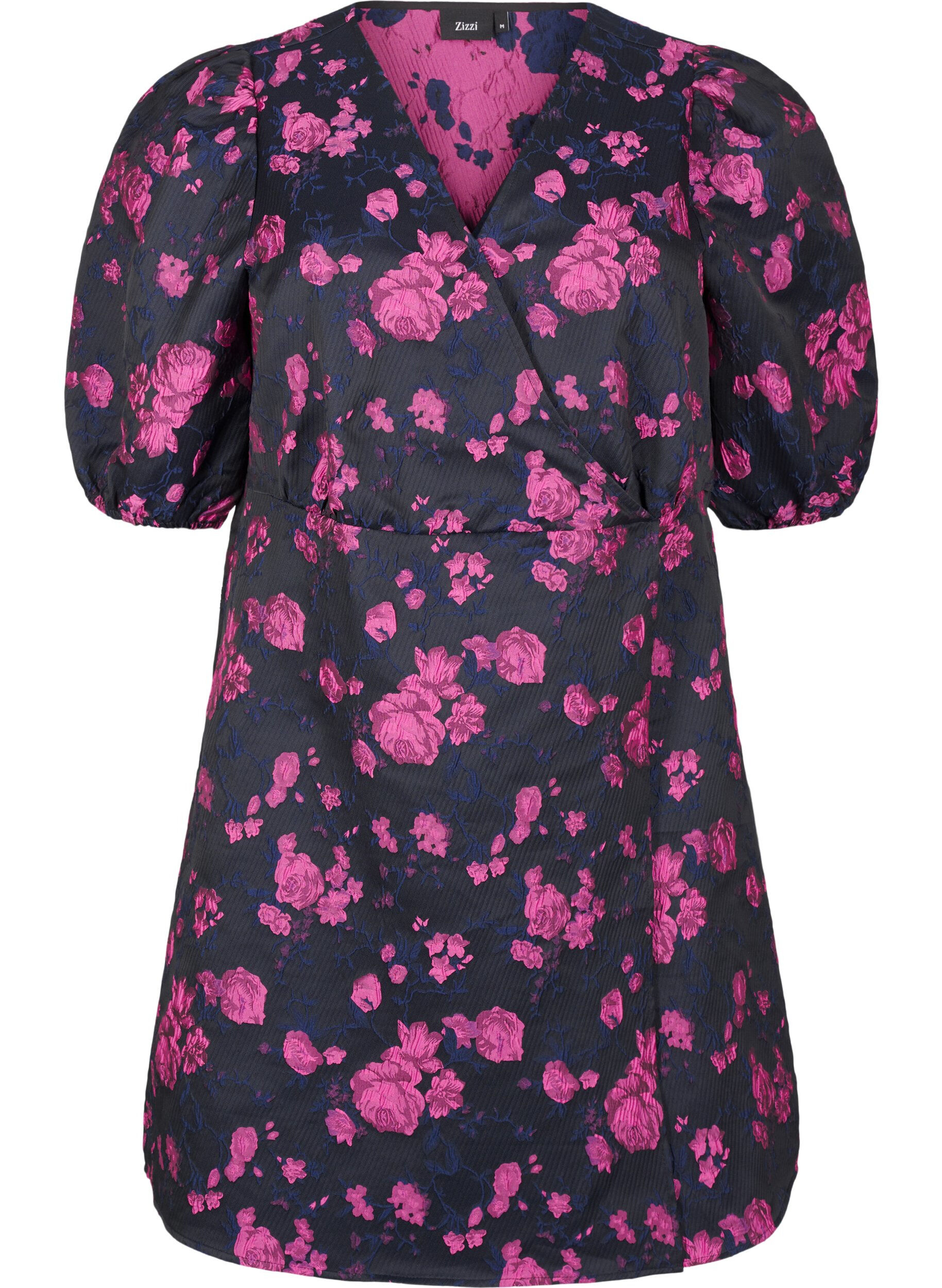 Zizzi Korte jacquard wikkeljurk, Black w. Red Rose, Packshot image number 0