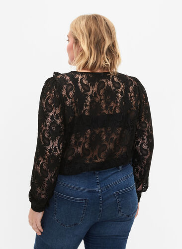 Kanten blouse met franje, Black, Model image number 1