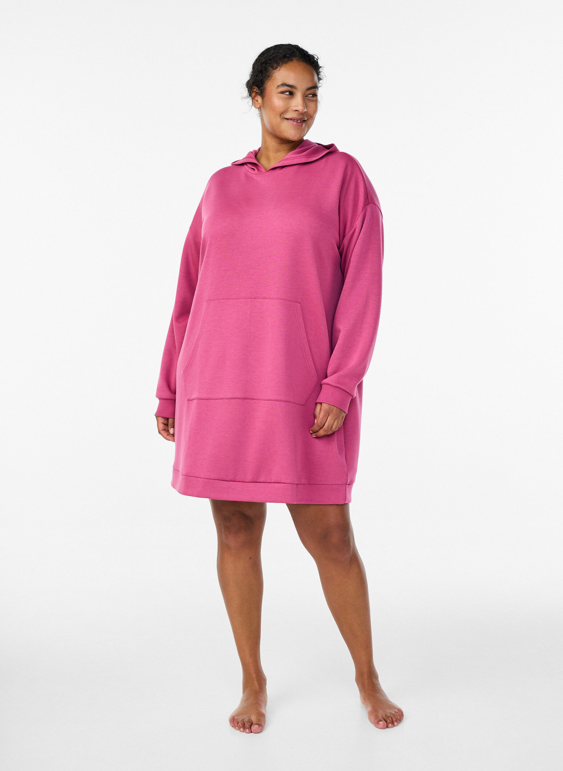 Zizzi Korte hoodie jurk met een kangoeroezak, Roze, Model image number 1