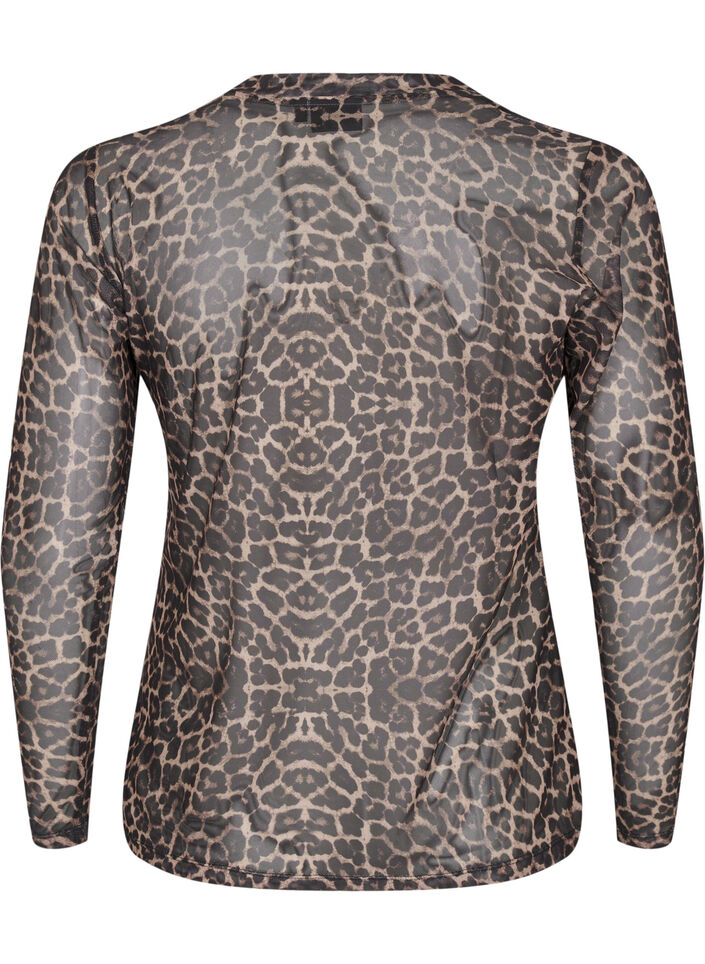 Mesh blouse met luipaardpatroon, Bruin, Packshot image number 1