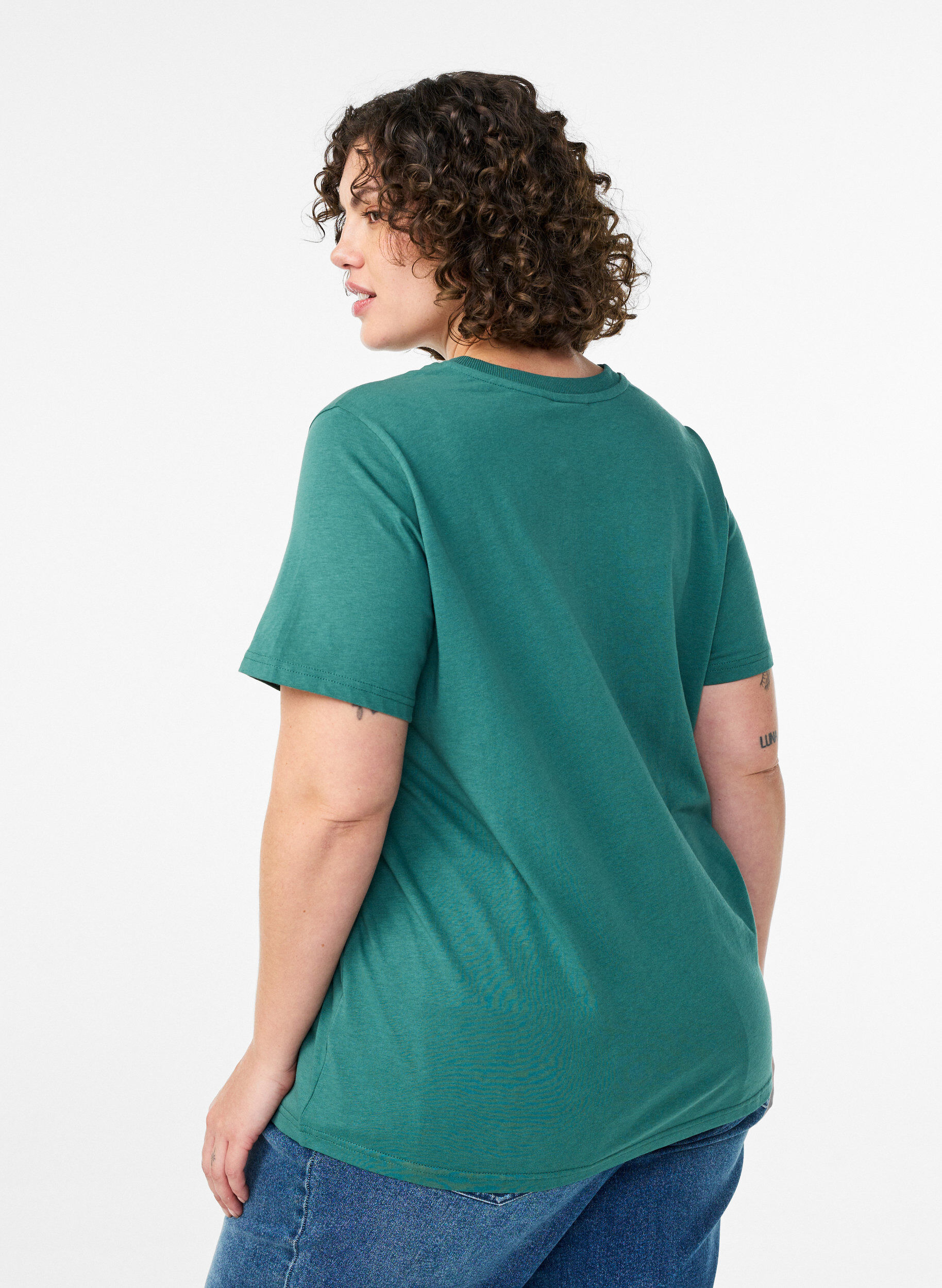 Zizzi Basic katoenen T-shirt met ronde hals, Groen, Model image number 2