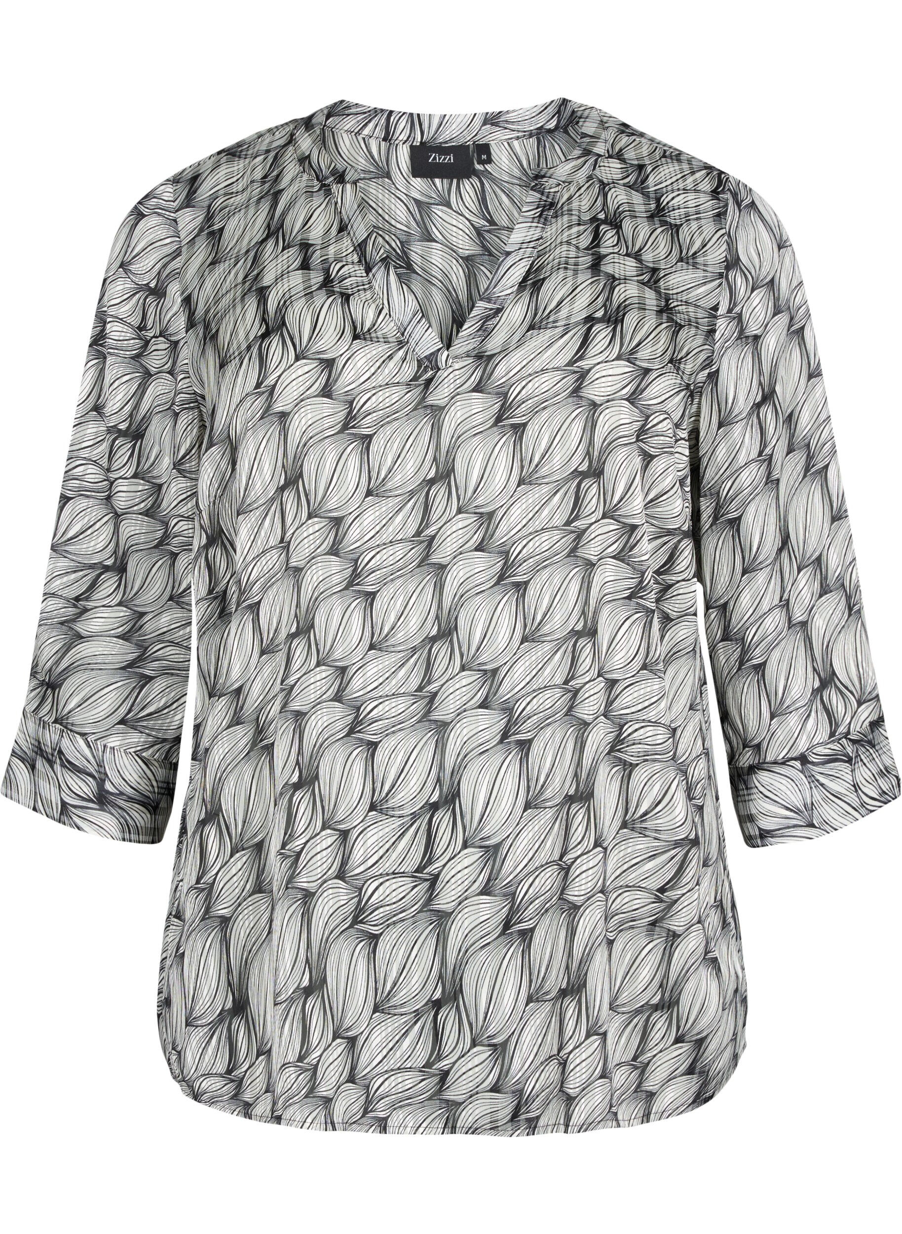 Zizzi Blouse met print en 3/4 mouwen, Black White Leaf, Packshot image number 0