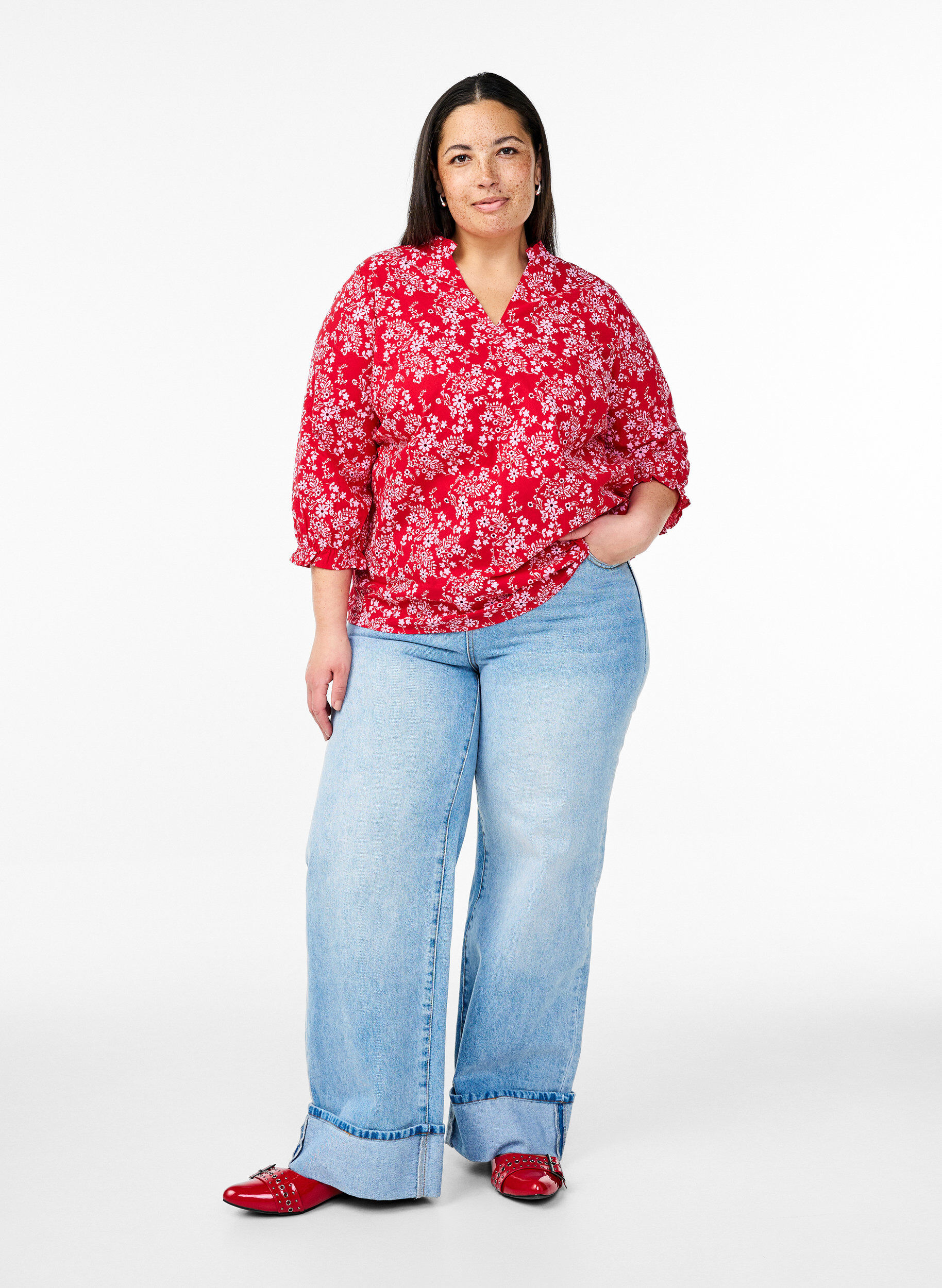 Zizzi Katoenen blouse met bloemenprint, Rood, Model image number 1