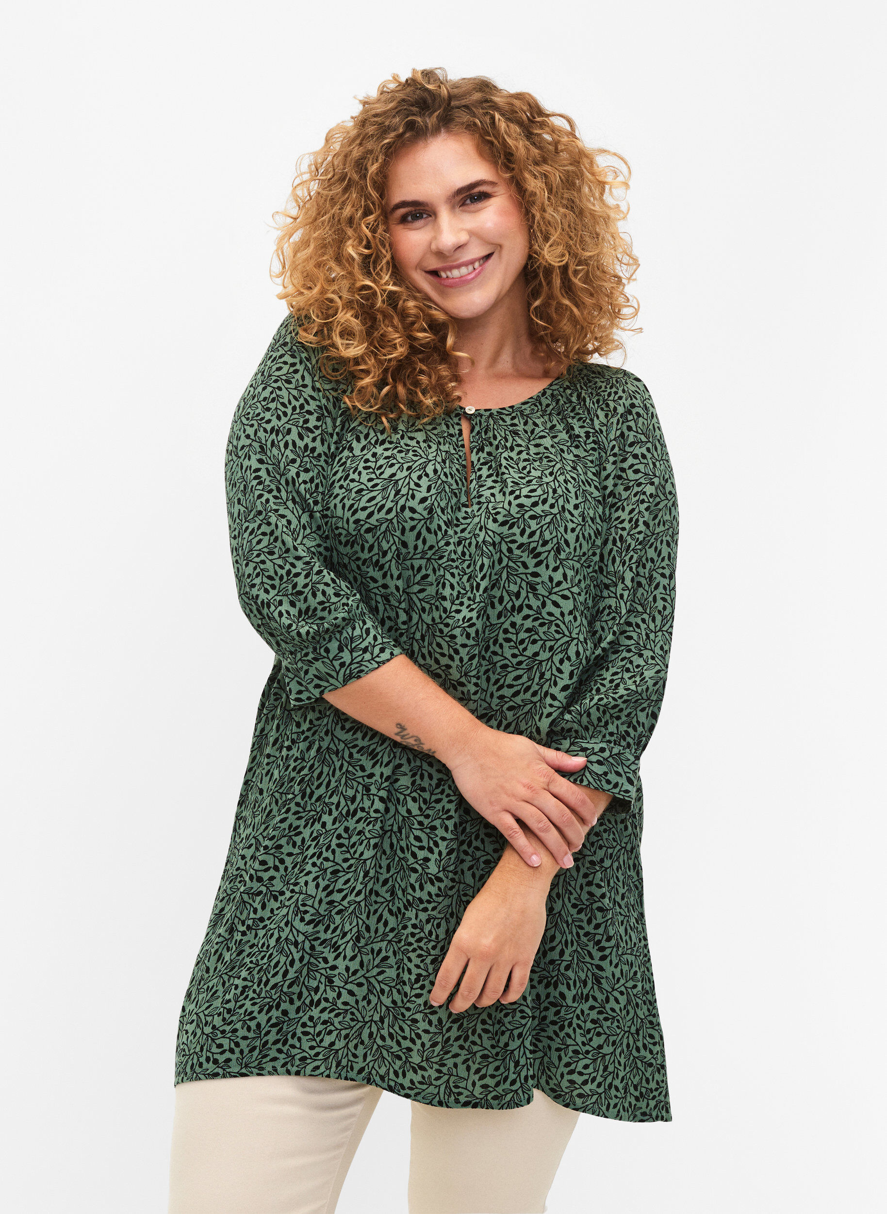 Zizzi Tuniek van viscose met print en 3/4 mouwen, Green AOP, Model image number 0