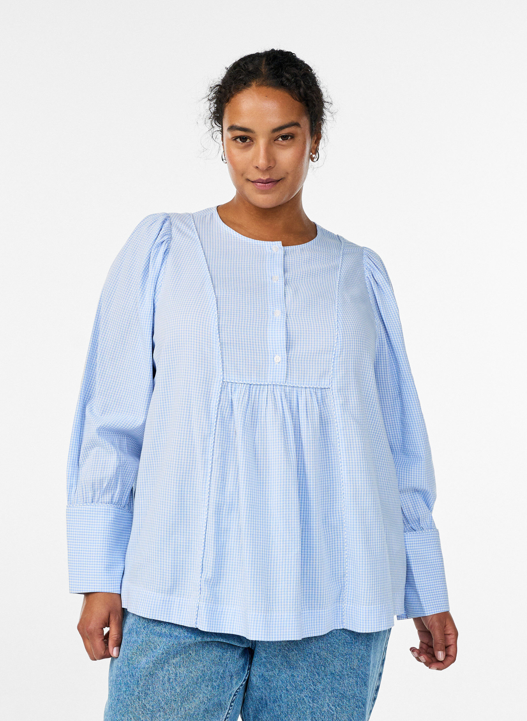 A-lijn geblokte blouse, Blauw, Model