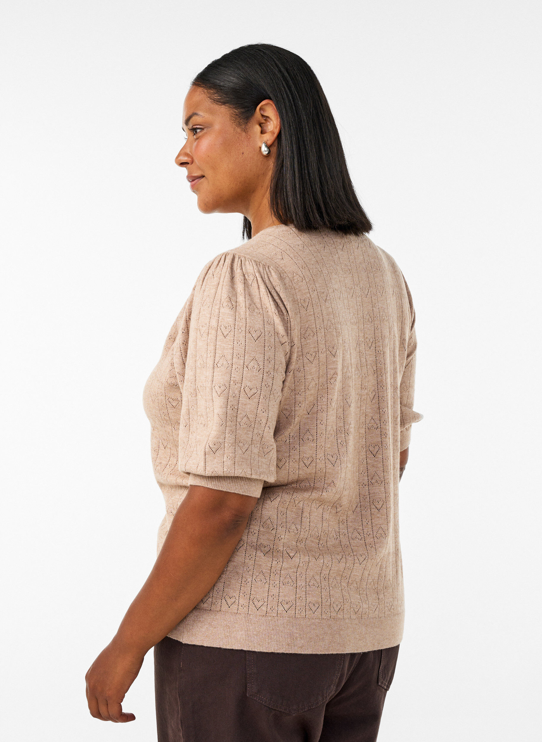 ZizziGebreide blouse met korte mouwen en pointellepatroon, Beige, Model image number 2