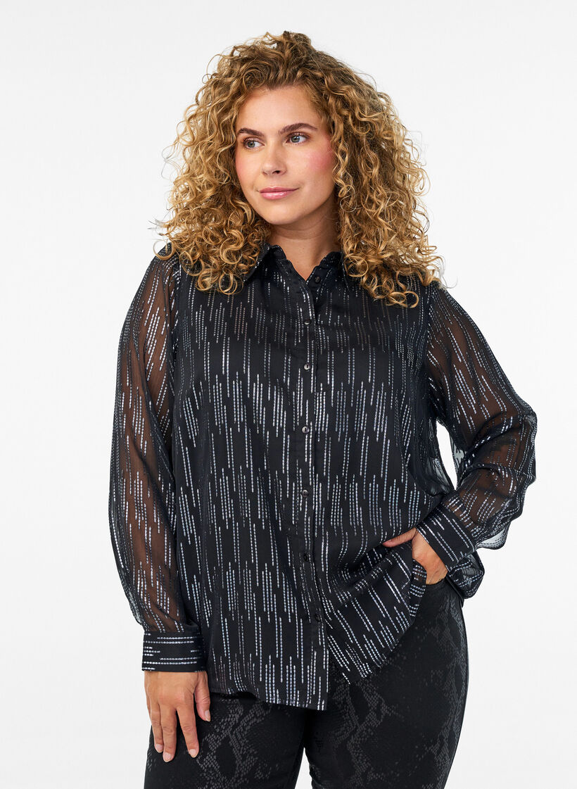 Shirt met glinsterend patroon, Zwart, Model image number 0
