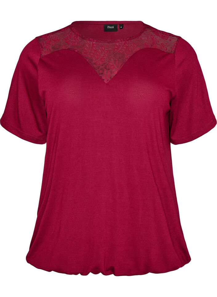 Blouse met kanten inzetstuk en ballonmouwen, Rood, Packshot image number 0