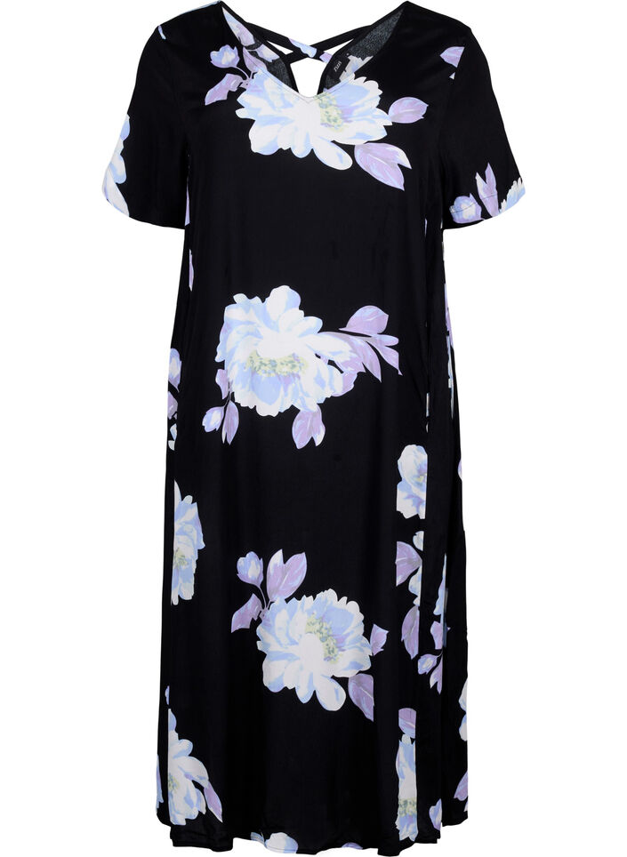 Jurk in viscose met bloemenprint en korte mouwen, Black Big Flower AOP, Packshot image number 0