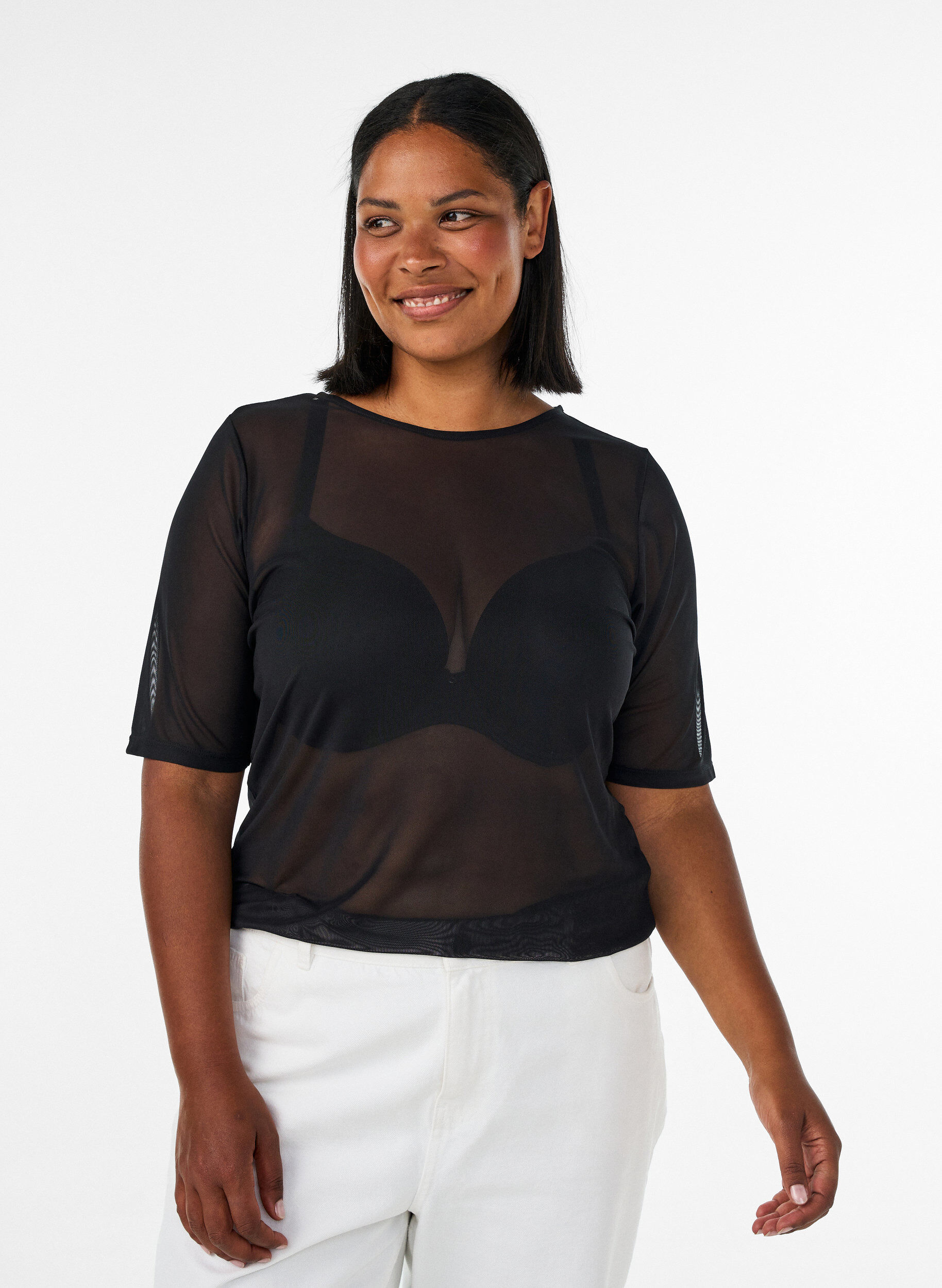 ZizziMesh top met korte mouwen en ronde hals, Zwart, Model image number 0