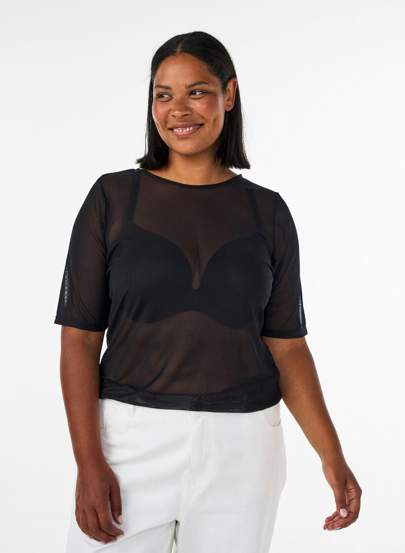 Mesh top met korte mouwen en ronde hals, Zwart, Model image number 0
