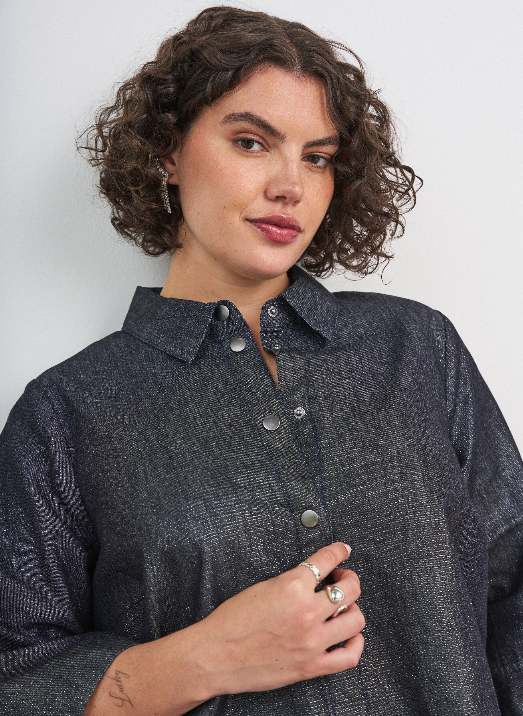 ZizziDenimshirt met glitterdraad en 3/4-mouwen, Grijs, Model image number 3
