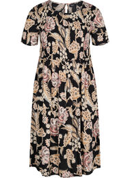 Viscose jurk met print en smokwerk, Paisley Flower