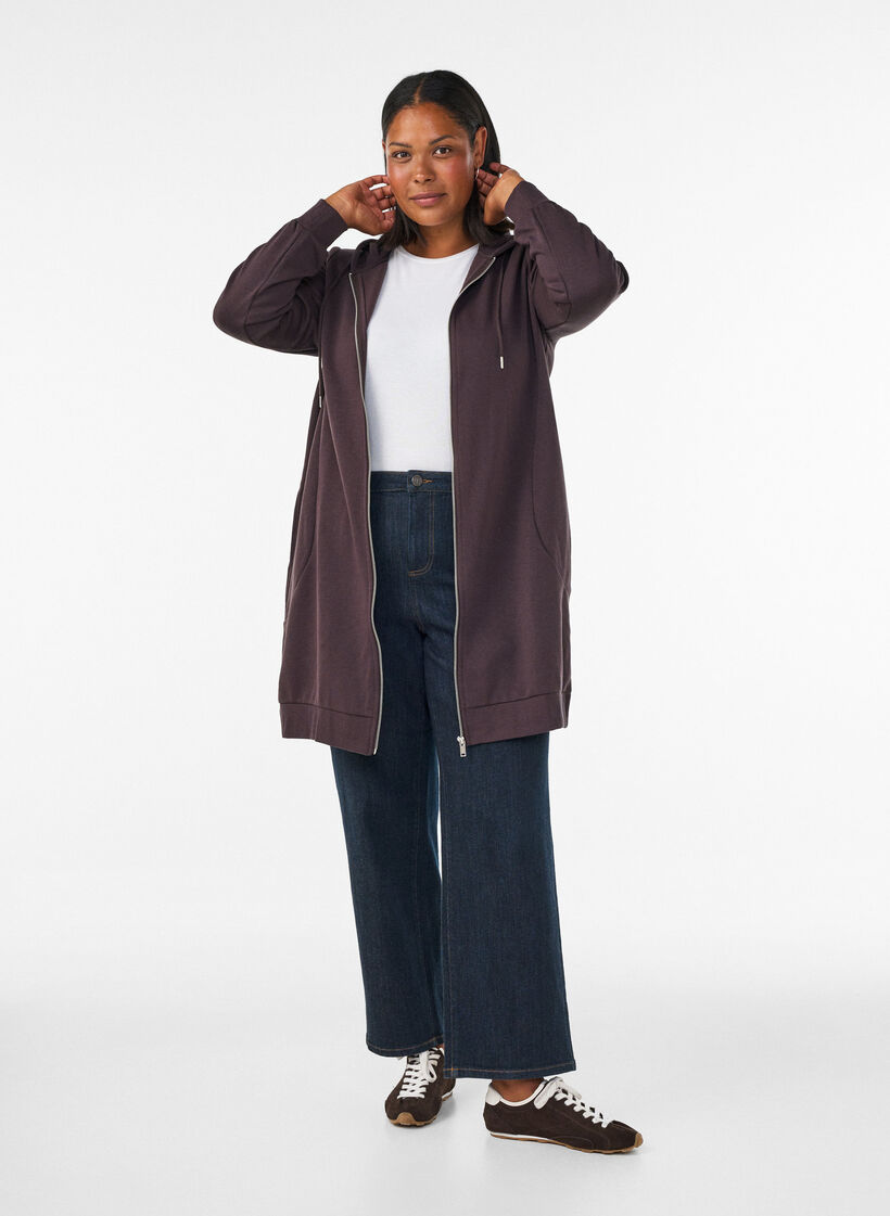 Lange hoodie met ritssluiting en zakken, Bruin, Model image number 1
