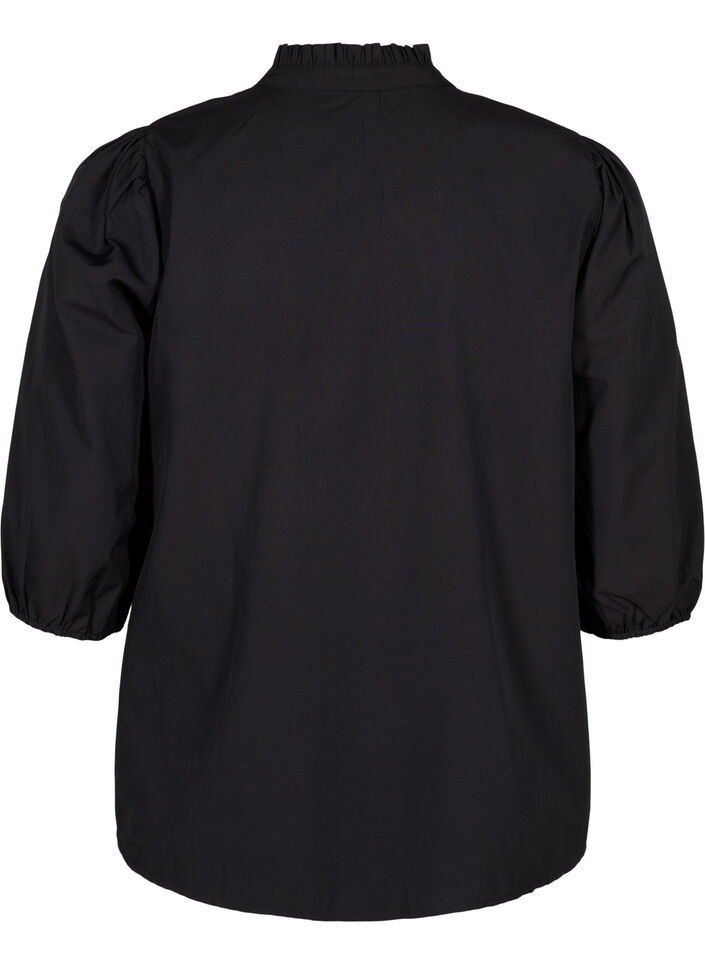 Overhemdblouse met geborduurde bloemen en 3/4 mouwen, Black W. Beige Emb. , Packshot image number 1