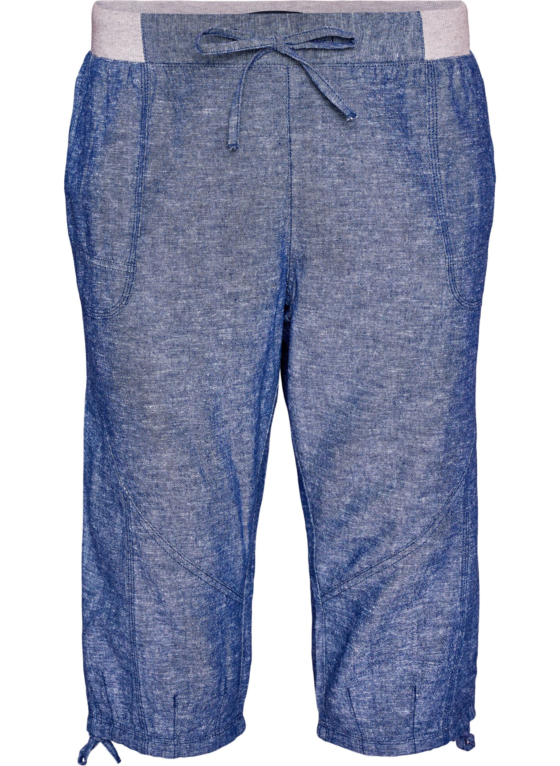 Zizzi Capribroek van katoen en linnen met elastische taille en strikkoord, Blauw, Packshot image number 0
