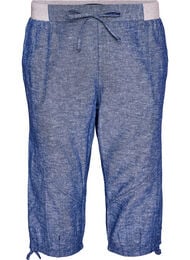 Capribroek van katoen en linnen met elastische taille en strikkoord, Blauw